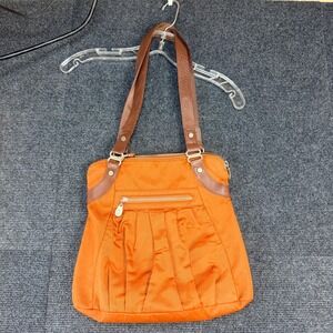 Baggallini Y2K Burnt Orange Nylon Hobo Bag Brown Leather Trim Pleated ManyPocket